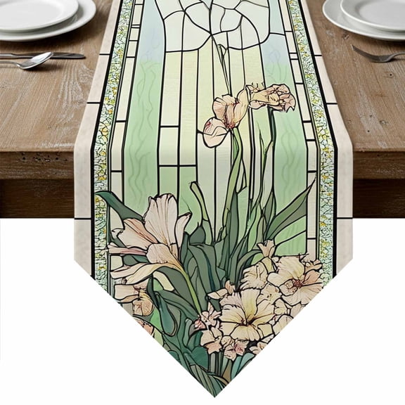 Butterfly Flowers Table Runner Linen Burlap Table Runner 36 Inches Small Vintage Stained Glass Green Spring Dresser Scarves for Kitchen Island Coffee Dining Party Wedding Holiday Decor 13"x36"