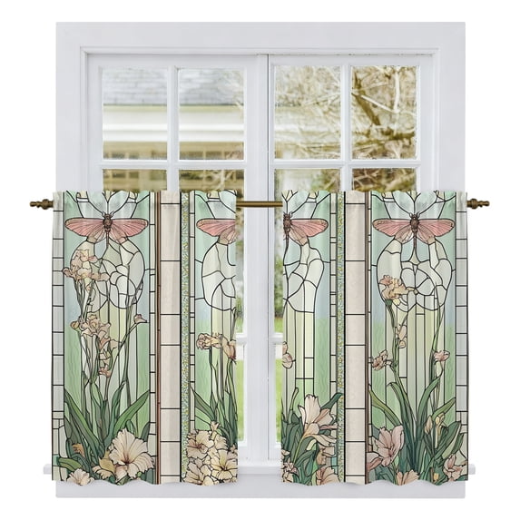 Butterfly Flowers Tier Curtains, Vintage Stained Glass Green Spring Light Filtering Kitchen Curtains, 2Pcs Rod Pocket Half Window Treatments Panels for Sink Cafe Cabinet Basement 27.5x45 Inches
