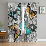Butterfly Flowers Vintage Style Tulle in Sheer Curtains for Living Room
