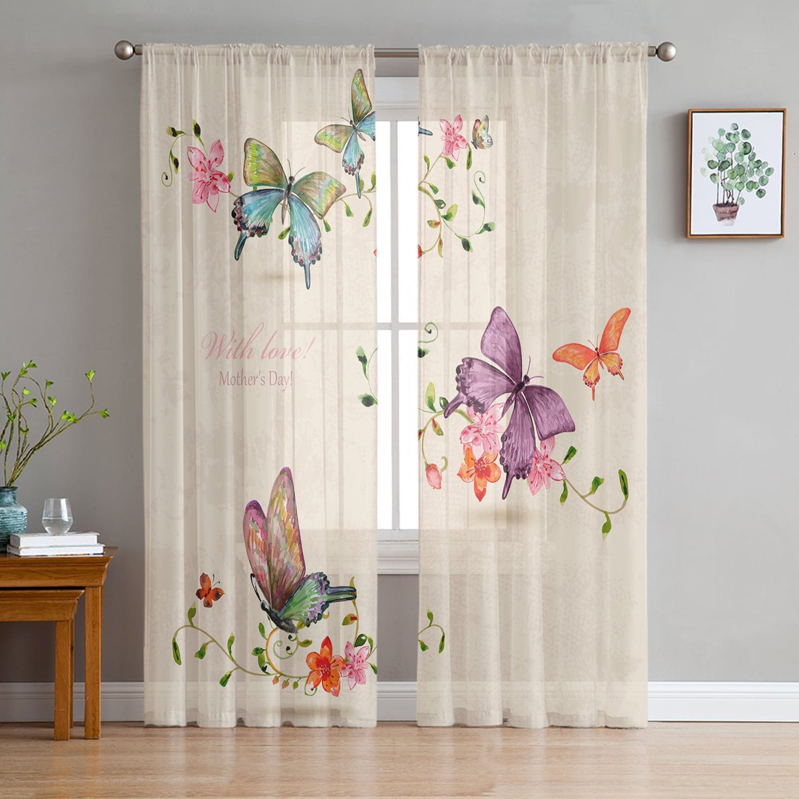 Butterfly Flowers Vintage Style Tulle in Sheer Curtains for Living Room