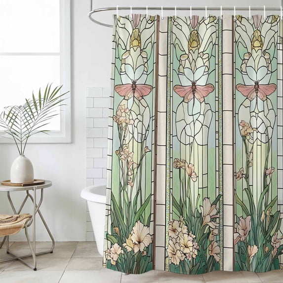 Butterfly Flowers Waterproof Shower Curtain, Extra Large 72"x96" Washable Polyester Fabric Shower Curtains for Bathroom, Vintage Stained Glass Green Spring Decorative Bathtub Curtain Sets with Hooks