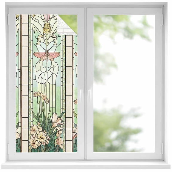 Butterfly Flowers Window Privacy Film, Vintage Stained Glass Green Spring Static Cling UV Sun Blocking Heat Control Window Tint Day and Night, Non-Adhesive One Way Windows Privacy Cover 19.6''x39.3''