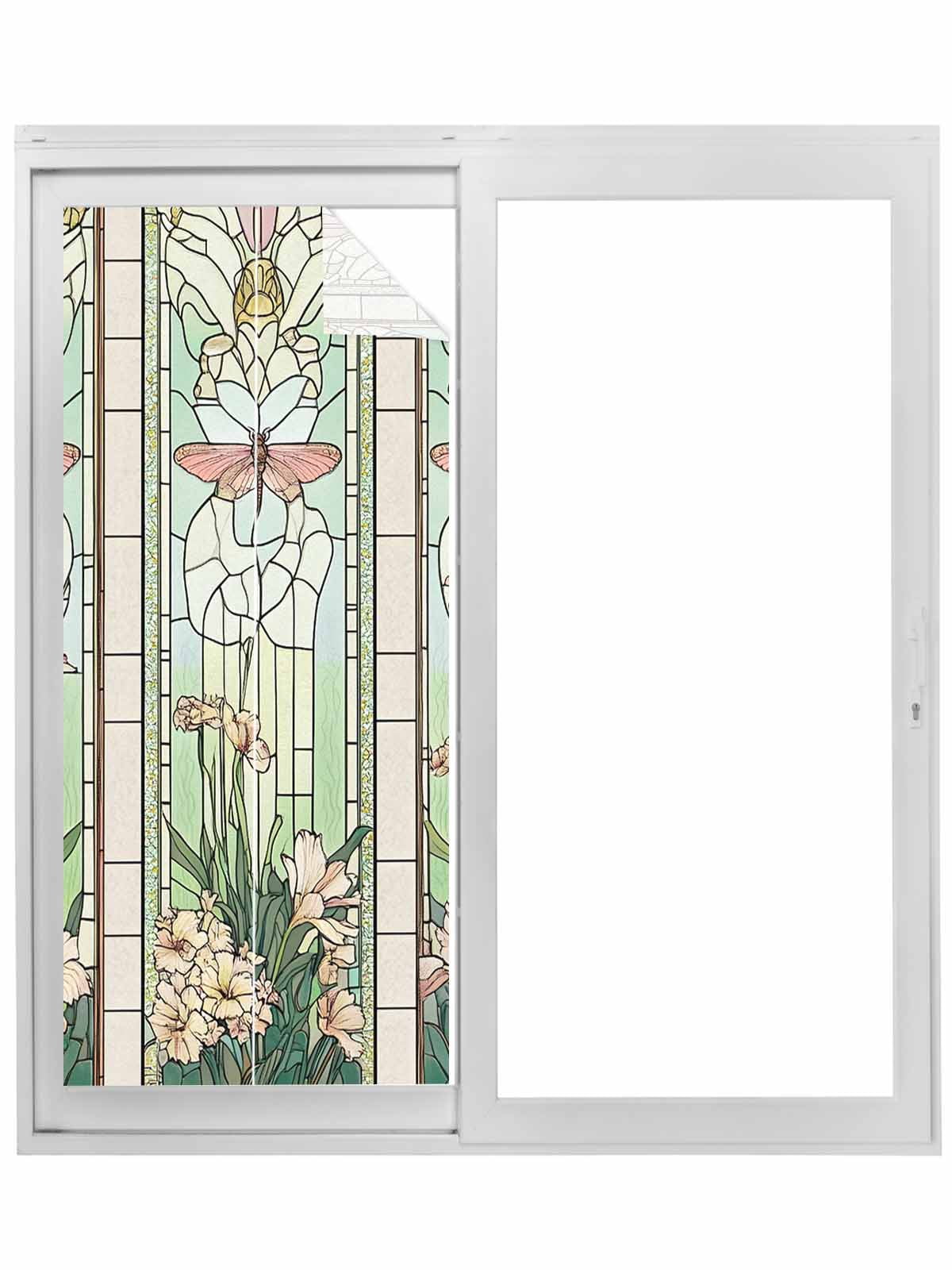 Butterfly Flowers Window Privacy Film, Vintage Stained Glass Green Spring Static Cling UV Sun Blocking Tint Film Heat Control Windows Films for Bedroom Bathroom, Window Stickers 23.6"x59"