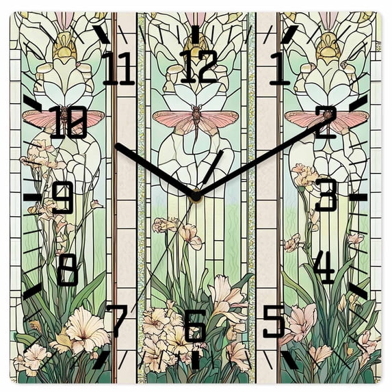 Butterfly Flowers Wooden Wall Clock Silent Non Ticking, Vintage Stained Glass Green Spring Square Wall Clocks Battery Operated, Decor Clock for Home Office, Living Room, Kitchen, 10 Inch