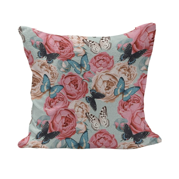 Butterfly Fluffy Throw Pillow Cushion Cover, Peony Roses Butterflies Romantic Graphic Print Retro Style Floral Design Print, Decorative Square Accent Pillow Case, 24" x 24", Multicolor, by Ambesonne