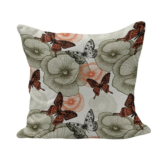 Butterfly Fluffy Throw Pillow Cushion Cover, Poppy Blossoms and Butterflies Wildlife Garden Forest Theme Vintage Style, Decorative Square Pillow Case, 18" x 18", Orange Black Khaki, by Ambesonne