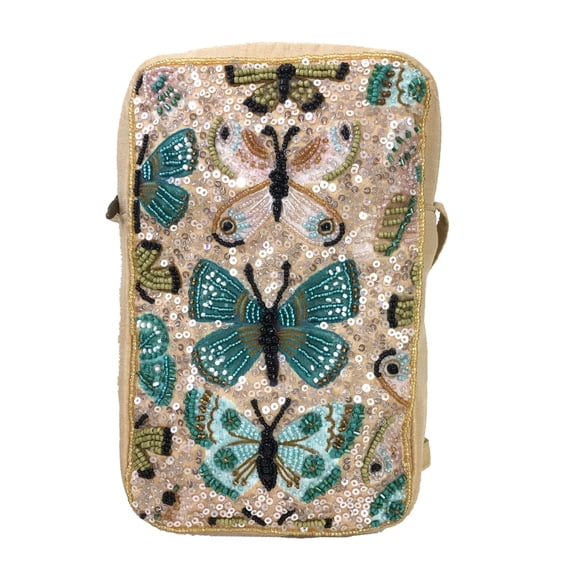 Butterfly Flutter Beaded XL Phone Crossbody Pouch Bag, Multicolor Shimmer