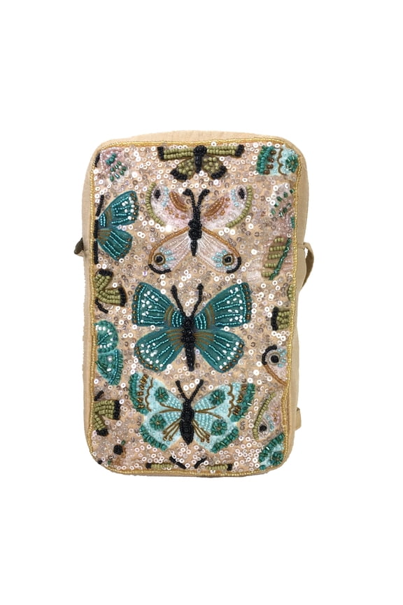 Butterfly Flutter Beaded XL Phone Crossbody Pouch Bag, Multicolor Shimmer