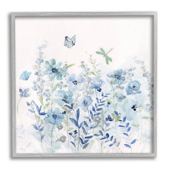 Butterfly Fluttering Blue Flowers Botanical & Floral Graphic Art Gray Framed Art Print Wall Art