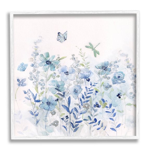 Butterfly Fluttering Blue Flowers Botanical & Floral Graphic Art White Framed Art Print Wall Art