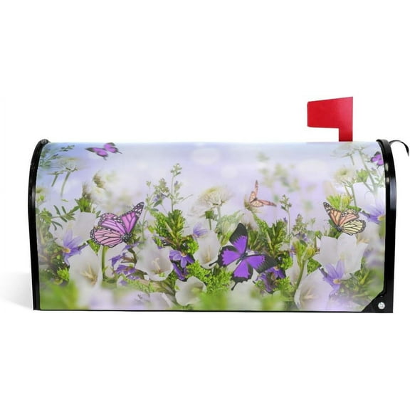 Butterfly Flying Flowers Garden Magnetic Mailbox Cover MailWraps Garden Yard Home Decor for Outside Oversized-25.5" x20.8"