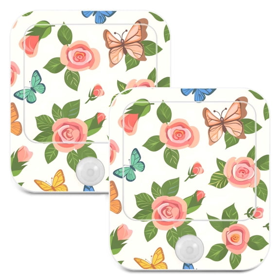 Butterfly Flying in Roses Flowers 2 Pack LED Motion Sensor Night Light Plug into Wall Auto Dusk to Dawn Adjustable Brightness for Kids Bedroom Hallway Nursery Room