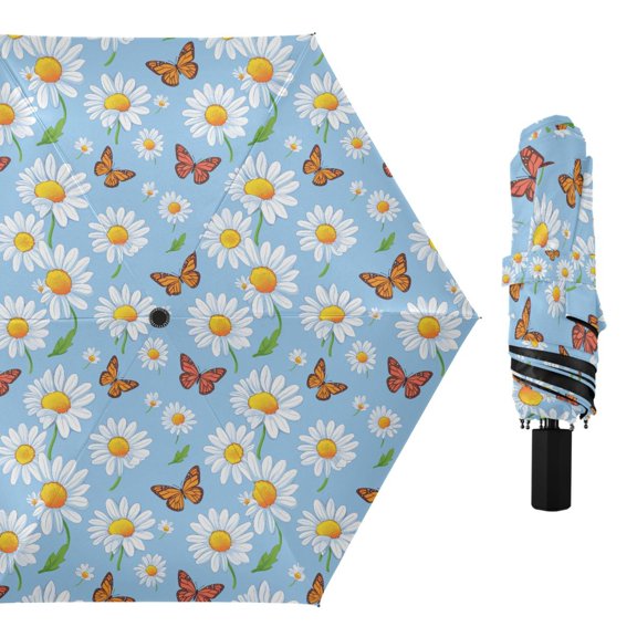 Butterfly Flying in Daisy Sea Compact Sun Umbrella Windproof Travel Umbrellas for Rain Strong Portable UV Protection