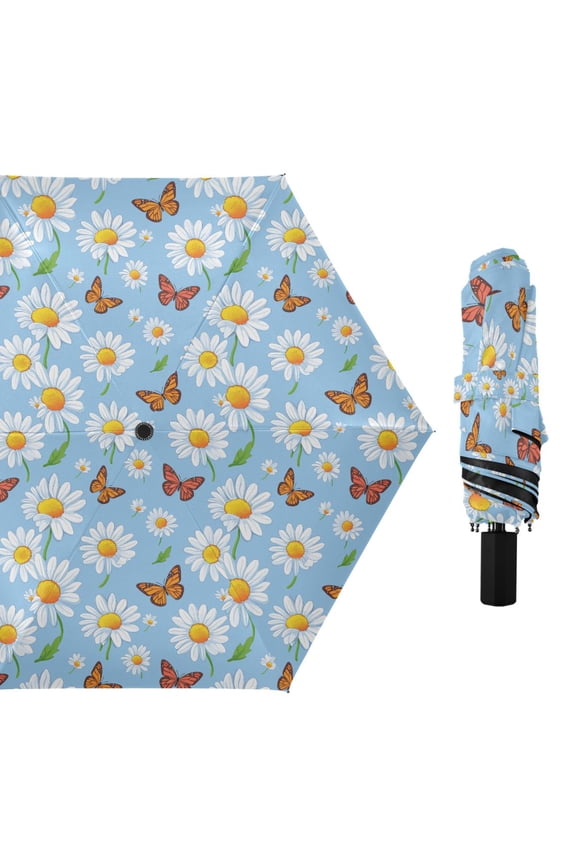 Butterfly Flying in Daisy Sea Compact Sun Umbrella Windproof Travel Umbrellas for Rain Strong Portable UV Protection