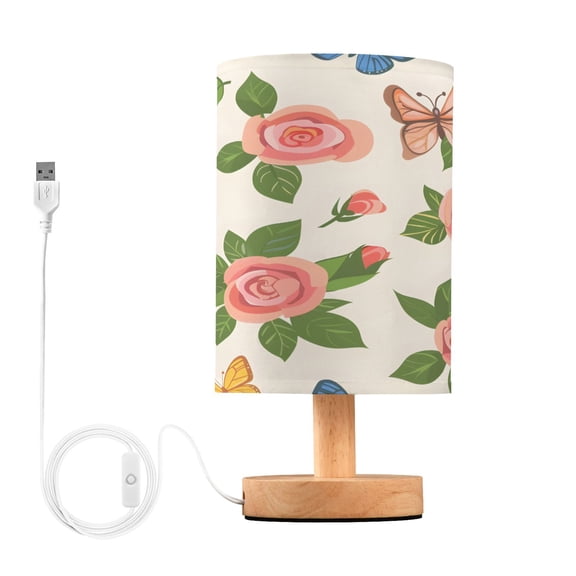 Butterfly Flying in Roses Flowers Bedside Table Lamp Desk Warm Lights with USB Charging Port Cylinder LED Lamps for Bedroom Living Room Office