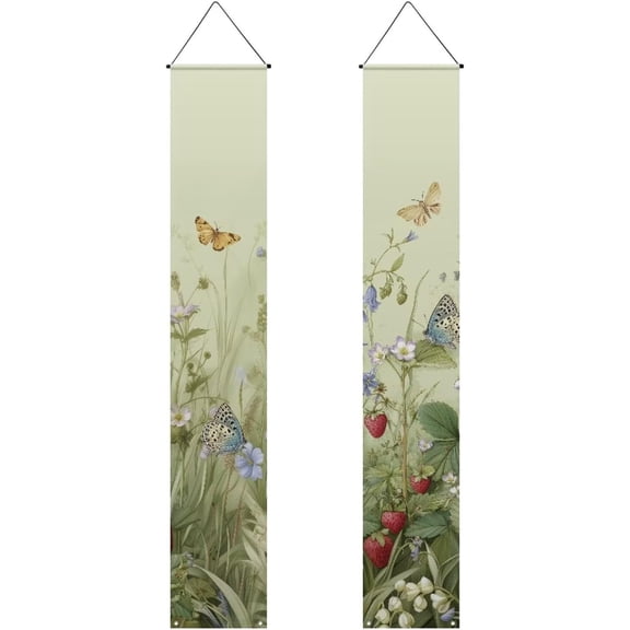 Butterfly Front Door Hanging Banner Strawberry Flower Spring Porch Sign Hanging Flag Porch Sign for Front Door Outdoor Seasonal Holiday Wedding Yard Decor Farmhouse Indoor Wall Backdrop
