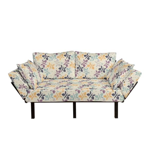 Butterfly Futon Couch, Pastel Colored Spring Time Inspired Pattern Butterfly Silhouettes and Blossoms, Daybed with Metal Frame Upholstered Sofa for Living Dorm, Loveseat, Multicolor, by Ambesonne