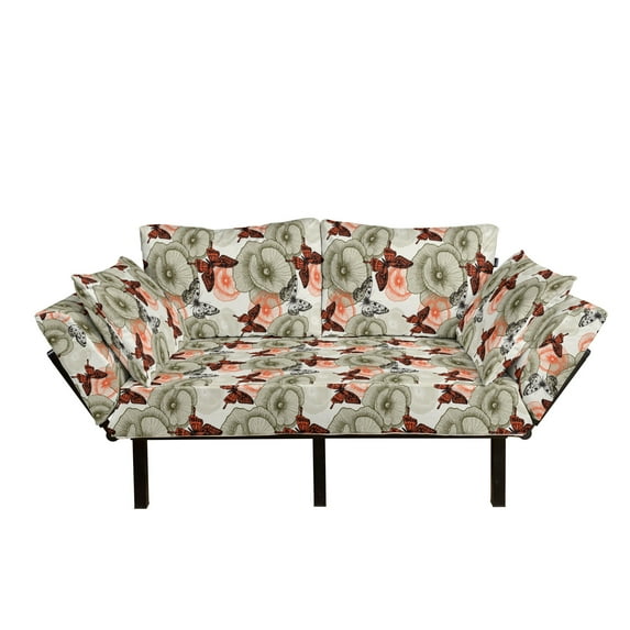 Butterfly Futon Couch, Poppy Blossoms and Butterflies Wildlife Garden Forest Theme Vintage Style, Daybed with Metal Frame Upholstered Sofa for Living Dorm, Loveseat, Orange Black Khaki, by Ambesonne