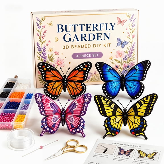 Butterfly Garden 3D Beaded Butterfly DIY Kit, 4 Pack Handmade Ornament Craft Set for Kids Birthday Holiday Gift
