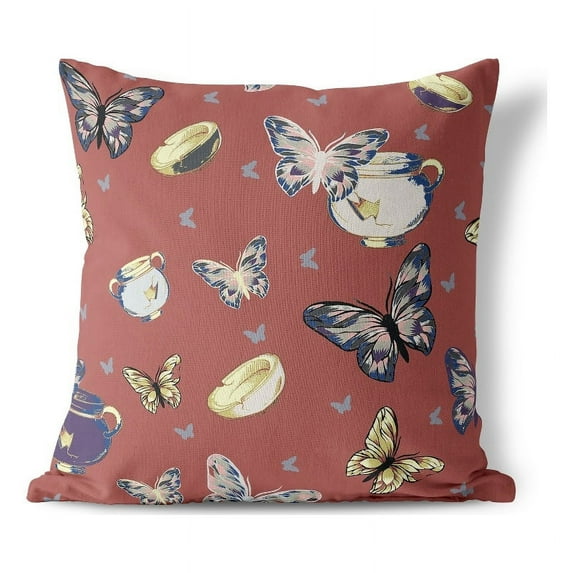 Butterfly Garden Bowl Indoor/Outdoor Pillow with Removable Cover in Orange 26x26