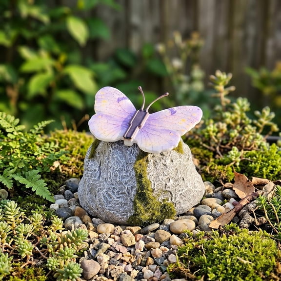 Butterfly Garden Decor, Solar Garden Statues, Soft Glowing Nighttime Resin Stone Figurine with Authentic Moss Detailing for Patio Walkway and Yard, Ideal Gifts for Garden Lovers (# D)