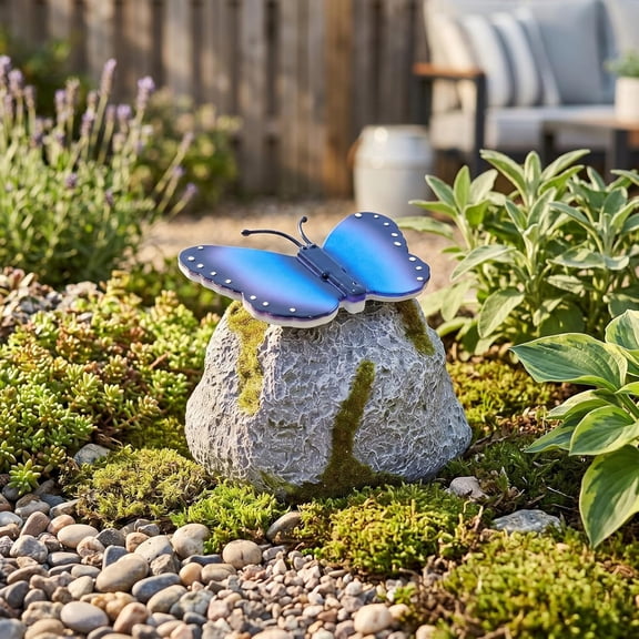 Butterfly Garden Decor, Solar Garden Statues, Soft Glowing Nighttime Resin Stone Figurine with Authentic Moss Detailing for Patio Walkway and Yard, Ideal Gifts for Garden Lovers (# B)