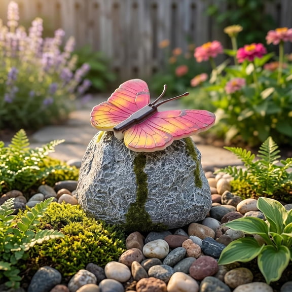 Butterfly Garden Decor, Solar Garden Statues, Soft Glowing Nighttime Resin Stone Figurine with Authentic Moss Detailing for Patio Walkway and Yard, Ideal Gifts for Garden Lovers (# A)