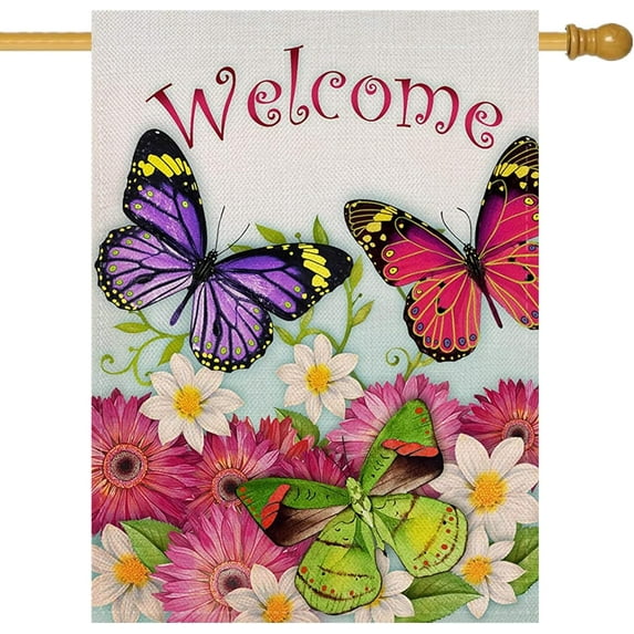 Butterfly Garden Flag Welcome Quote Double Sided, Flower House Yard Flag Daisies, Summer and Spring Sunflowers Garden Yard Decoration, Home Decorative Seasonal Outdoor Flag 28 x 40