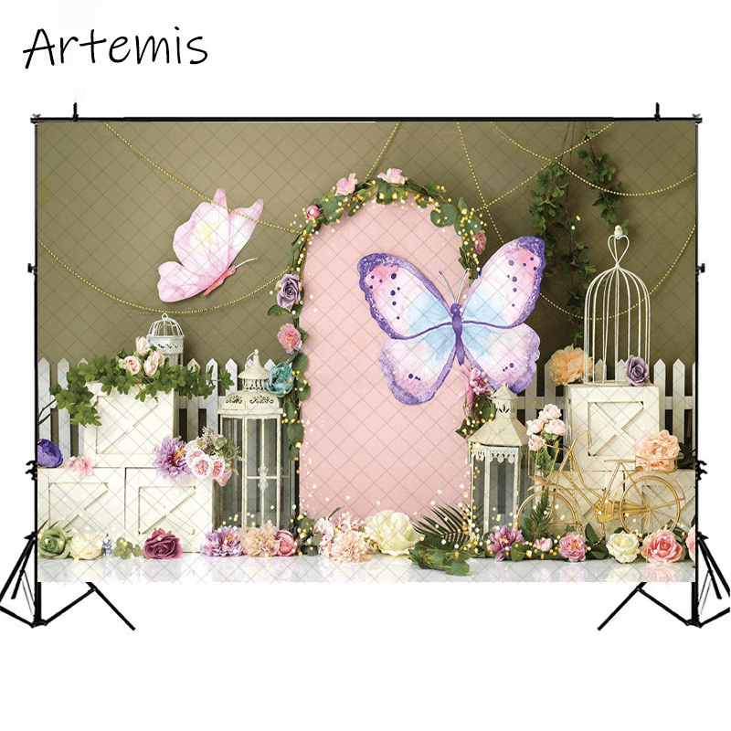 10x8ft Flower Backdrop - Watercolor Butterfly Floral Happy Birthday Background For Tea Party, Photo Shoot, Decor
