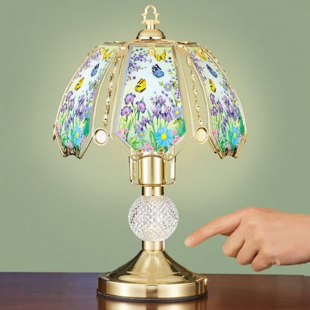 Butterfly Garden Scene GoldToned Tabletop Touch Lamp