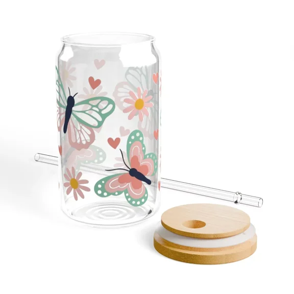 Butterfly Garden Sipper Glass, 16Oz - Iced Coffee Cup, Perfect For Summer