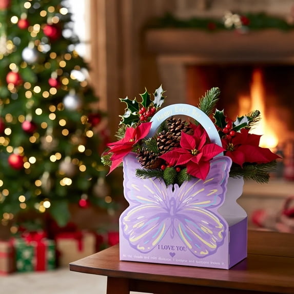 Butterfly Gift Box with Handle Purple Paper Bouquet Box for Fresh Flowers Jewelry Small Cake Valentine’s Day Birthday Present, Ready to Carry Decorative Packaging