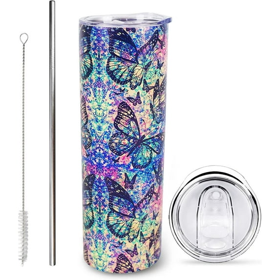 Butterfly Gift for Women, Skinny Purple Butterfly tumbler with lid and straw coffee tumbler Butterfly Mug personalized tumbler Butterflies Gifts insulated iced coffee Birthday Butterfly Cup tumbler