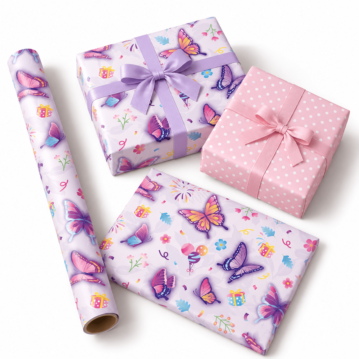 Butterfly Gift Wrap Paper Roll, Reversible Polka Dot Design, 33 Ft Long ...