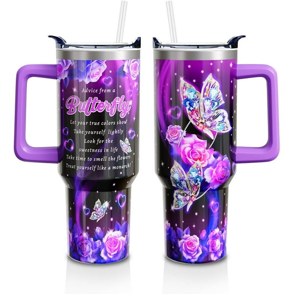 Butterfly Gifts Cup for Women Mom, 40oz Tumbler with Handle and Straw Lid, Butterflies Print Lover Stainless Steel Water Bottle Mug (1PC)