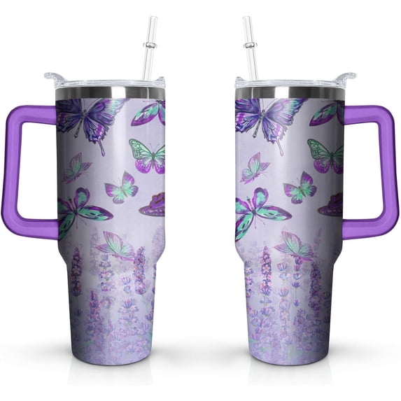 Butterfly Gifts Tumbler 40oz With Handle Lid and Straw - Butterfly Gifts for Frog Lovers Women- Purple Butterfly Tumbler Coffee Mug Tumbler Metal Insulated Tumblers -Reusable Butterfly Gift Tumblers