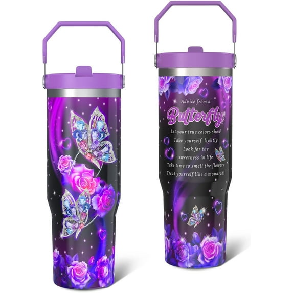Butterfly Gifts Tumbler for Women Mom, Butterflies Print Leakproof Coffee Travel Mug, 30 Oz Tumblers with Top Handle and Flip Straw, Water Bottle Cup Gift Ideal for Him Her