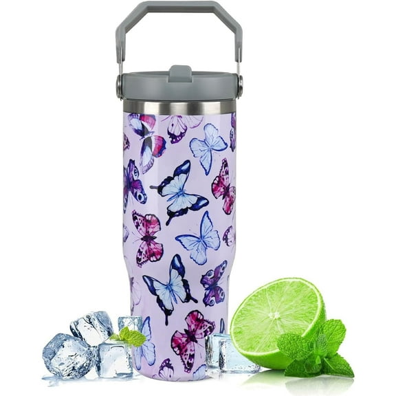 Butterfly Gifts for Women 30 oz Butterfly Tumbler with Handle and Flip Straw Stainless Steel Butterfly Travel Coffee Mug Purple Butterfly Cup Keep Drinks Cold for 16 Hours