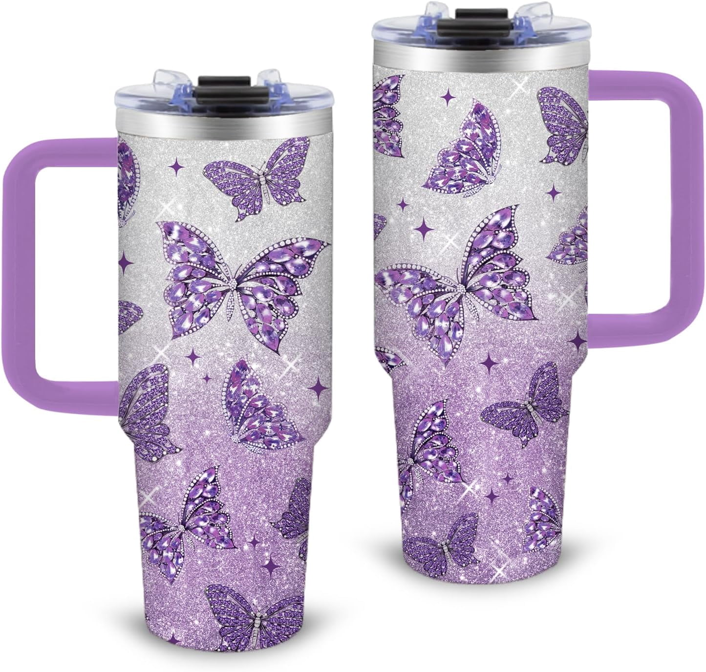 Butterfly Gifts for Women 30oz Purple Butterfly Tumbler with Handle and Straws Stainless Steel Insulated Travel Coffee Mugs, Leak-Proof, Birthday Christmas Gifts for butterflies Lover Water Cup