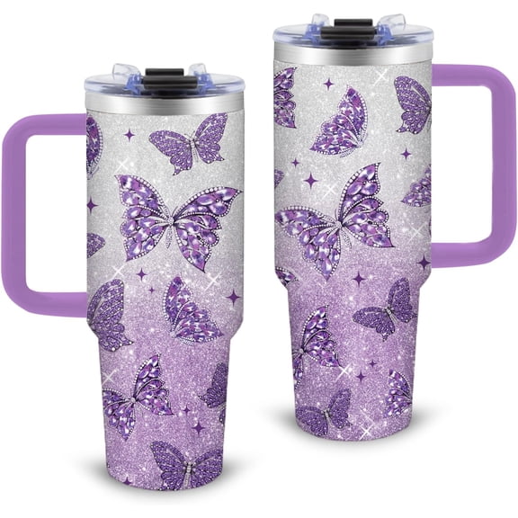 Butterfly Gifts for Women 30oz Purple Butterfly Tumbler with Handle and Straws Stainless Steel Insulated Travel Coffee Mugs, Leak-Proof, Birthday Christmas Gifts for butterflies Lover Water Cup