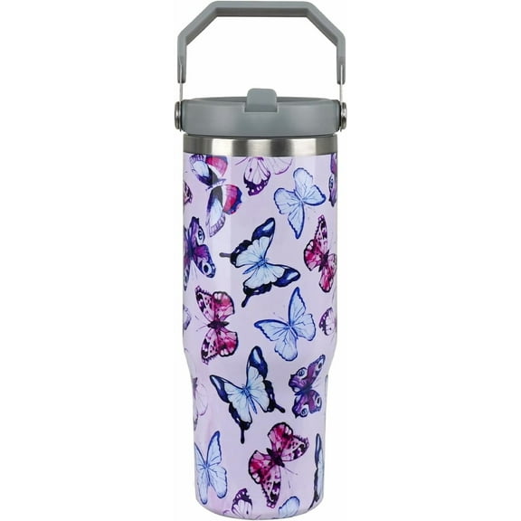 30oz Butterfly Tumbler for Women - Vacuum Insulated Stainless Steel Cup with Handle & Flip Straw Lid, Coffee Mug Gift