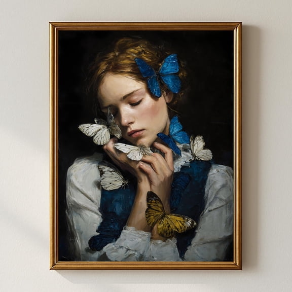 Butterfly Girl, Dreamy Portrait Wall Art, Romantic Fine Art Print, Vintage Aesthetic Decor, Emotional Figurative Print Home Decor #933, Unframed Canvas Size 8x12