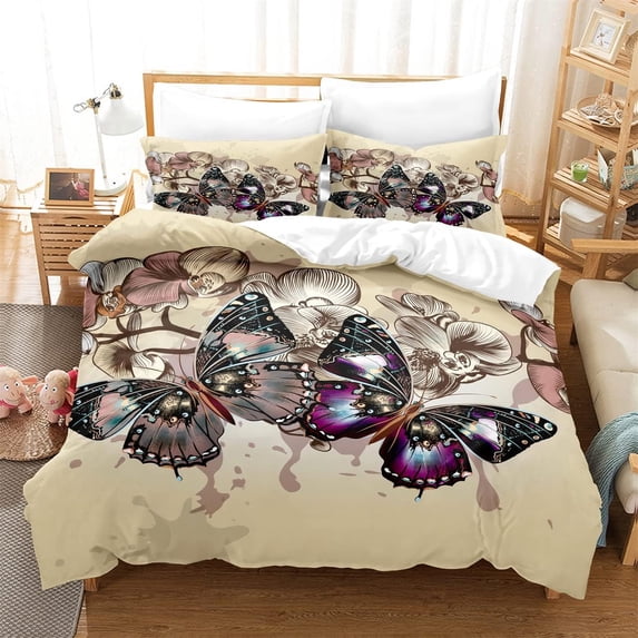Butterfly Girl Duvet Cover Set Lovers Bedding 3-Piece Fashion Design Youth Duvet Cover Soft and Easy to Clean Quilt Cover Bedding Set