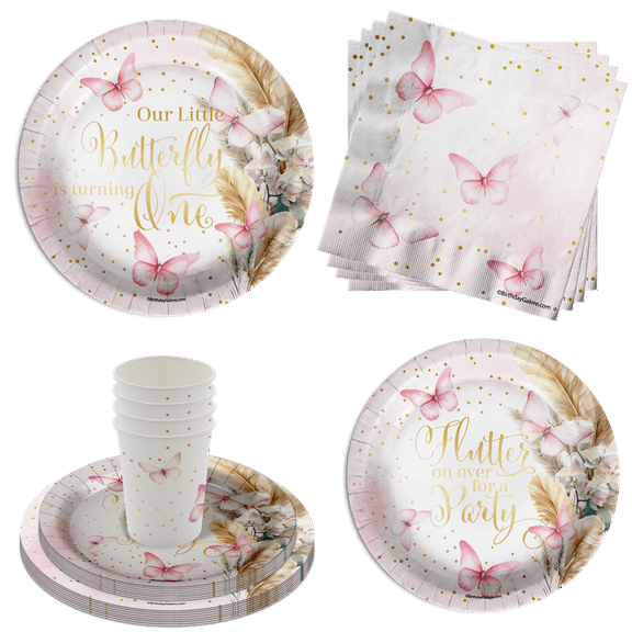 Butterfly Girl's 1st Birthday Party Supplies 64 Piece Tableware Set Includes Large 9" Paper Plates Dessert Plates, Cups and Napkins Kit for 16