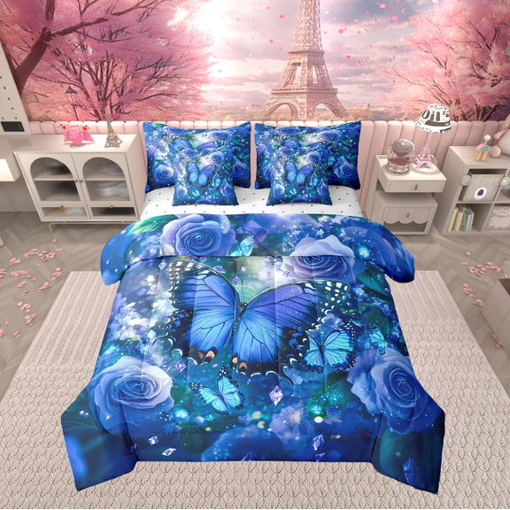 Butterfly Comforter Set Blue Flowers Twin Bedding Set 7 Pieces,Bohemian Glitter Starry Bed In A Bag Botanical Leaves Sheet
