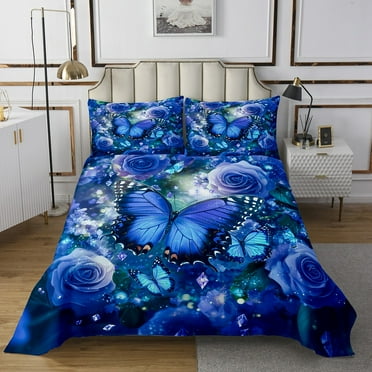 Butterfly Coverlet Set Blue Flowers Twin Bedspread Set,Bohemian Glitter Starry Quilt Set Botanical Leaves Bedding Set