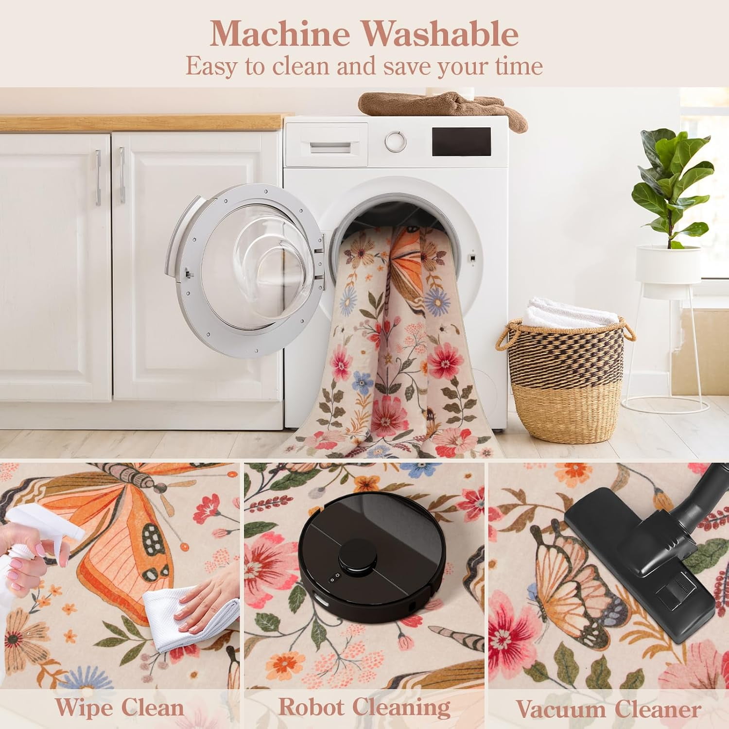 Butterfly Girls Room Rug 3x5, Insect Washable Area Rug for Bedroom Dorm ...