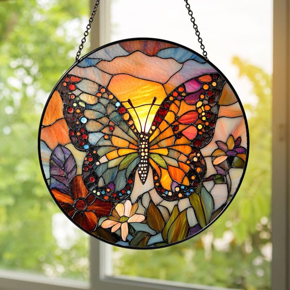 Butterfly Glass Suncatcher, Sunset Window Ornament, Nature Decor, 3.5 in