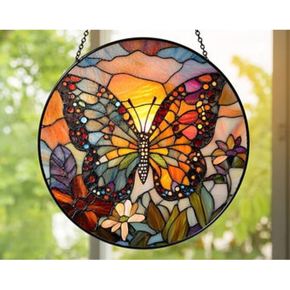 Butterfly Glass Suncatcher: Sunset Window Ornament, Nature Decor, 3.5 in