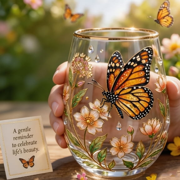 Butterfly Glass Water Cup for Women - Lead-Free Drinking Mug with Floral Art Design, Fresh Style Butterfly Patterned Water Cup for Household Kitchen Coffee Tea Wine and Thoughtful Birthday Gift